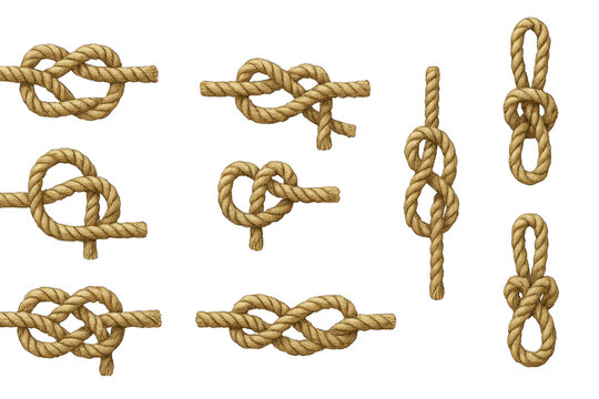 A set of intricate rope knots in various designs and shapes, isolated on transparent background.