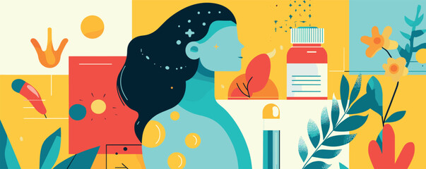 Colorful abstract illustration of woman surrounded by nature and healthcare elements.