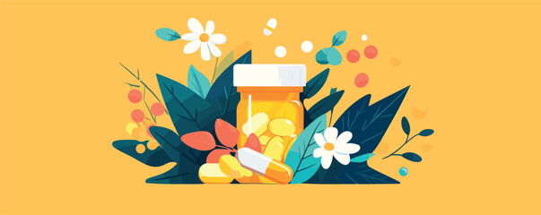 Herbal medicine bottles and capsules amidst colorful leaves and flowers on yellow background.