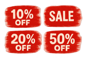 red and white sale tags with "% off" text isolated on transparent background.