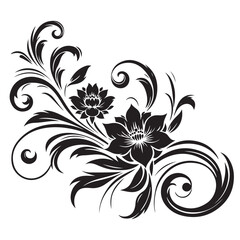 Black Rose Floral Vector Design with Ornamental Swirls and Leaves – Elegant Decorative Flower Illustration for Tattoos, Invitations, and Digital Art