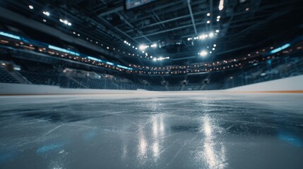 Empty hockey arena with gleaming ice, quiet stands. A moment of calm before the storm.
