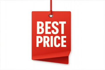 Best price tag with dollar sign and bold text in red and black colors, isolated on transparent background.
