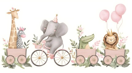 Adorable Safari Animals on a Pink Wagon Train with Balloons and Flowers