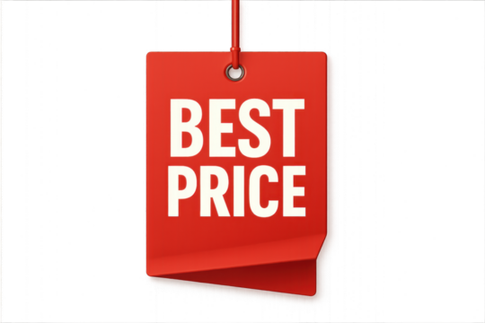 Best price tag with dollar sign and bold text in red and black colors, isolated on transparent background.