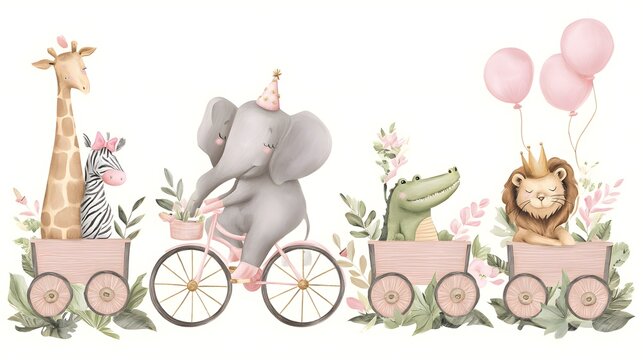 Adorable Safari Animals on a Pink Wagon Train with Balloons and Flowers