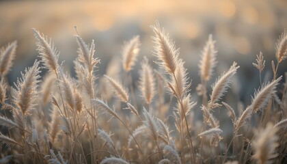 Fototapeta premium Abstract Natural Background of Soft Frosted Pampas Grass Cortaderia Selloana with Blurry Bokeh for Elegant and Serene Design