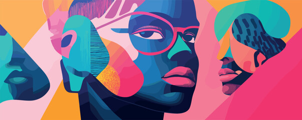 Colorful abstract portraits of women with glasses in geometric style artwork.