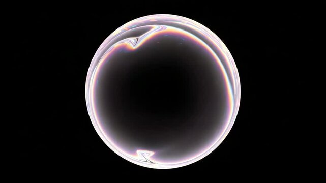 Abstract animation of iridescent bubble on black background, 4k looping video, 3d render, Abstract sphere, iridescent colors, dark background, soap bubble effect, rainbow hues, glossy surface