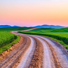 Naklejka premium Serene Sunset Winding Country Road Through Rolling Green Fields