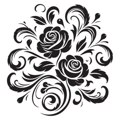 Black Rose Floral Vector Design with Ornamental Swirls and Leaves – Elegant Decorative Flower Illustration for Tattoos, Invitations, and Digital Art
