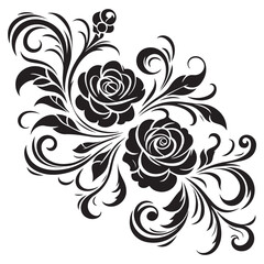Black Rose Floral Vector Design with Ornamental Swirls and Leaves – Elegant Decorative Flower Illustration for Tattoos, Invitations, and Digital Art