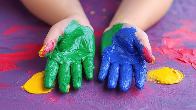 Everyday Moments with Disabilities Concept. Two hands covered in vibrant blue and green paint rest against a purple surface, symbolizing creativity and playful expression in art activities.