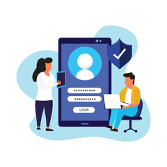 Face recognition face id system concept, Female cartoon character with smartphone. Face recognition. Fingerprint unlock. Two step verification