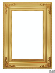 Realistic Golden vintage frame isolated on white background.  Rectangle frames mockup. Classic Photo wooden frame. Gold border for painting, poster, and photo gallery. 3d vector illustration.
