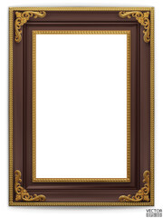 Realistic dark brown wooden vintage frame isolated on white background.  Rectangle frames mockup. Classic Photo wooden frame. Brown border for painting, poster, photo gallery. 3d vector illustration.