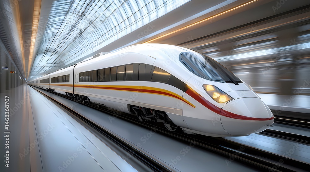 Poster 白い高速列車がトンネルを走行する様子のクローズアップ 未来的な背景とぼかし効果