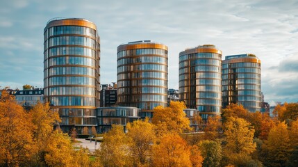 Obraz premium Autumn cityscape: Modern architecture harmonizing with golden autumn foliage