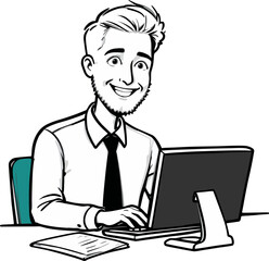 Vector cartoon stick figure drawing conceptual illustration of smiling writer, man or businessman typing or working on computer