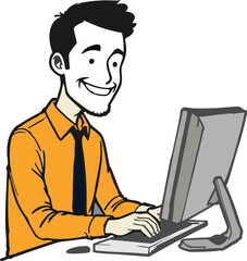 Vector cartoon stick figure drawing conceptual illustration of smiling writer, man or businessman typing or working on computer