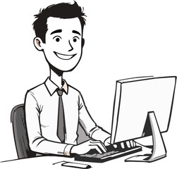 Vector cartoon stick figure drawing conceptual illustration of smiling writer, man or businessman typing or working on computer