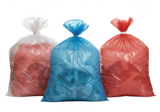 Three tied plastic bags filled with paper isolated on transparent background