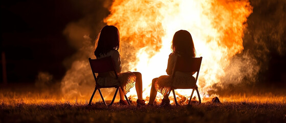 Girls Sitting Around Campfire At Night