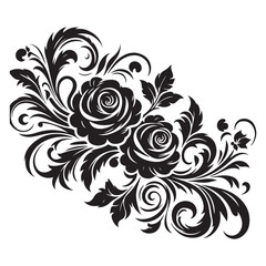 Black Rose Floral Vector Design with Ornamental Swirls and Leaves – Elegant Decorative Flower Illustration for Tattoos, Invitations, and Digital Art
