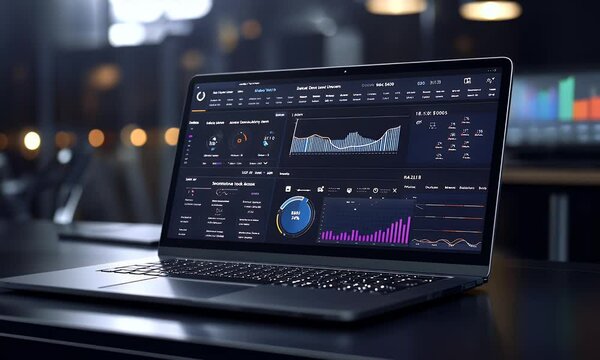 A sleek laptop with an interactive data dashboard on the screen, displaying complex graphs and charts in a black color theme, against a dark background. The focus is sharp,