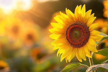 Radiant sunflower bloom illuminated by the golden warmth of setting sun