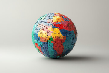 A puzzle ball with the world map intricately assembled, showcasing continents and oceans in vibrant colors against a blue background.