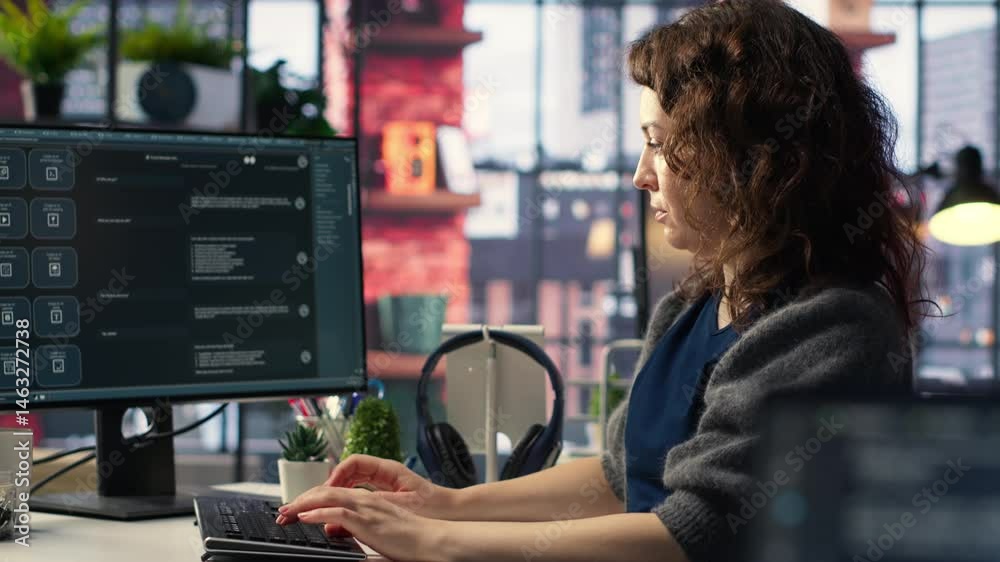 Poster female freelancer uses online ai assistant to automate text generation and solve tasks easily, enhan