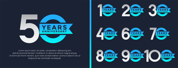 set of anniversary logo flat silver and blue color on dark blue background for celebration moment