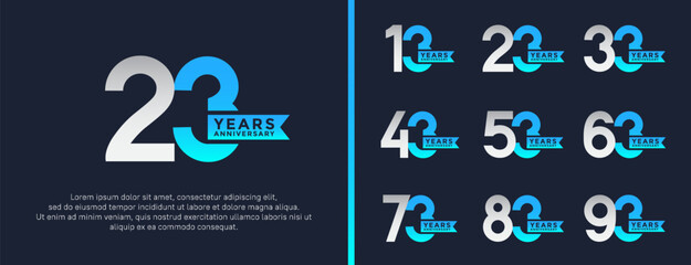 set of anniversary logo flat silver and blue color on dark blue background for celebration moment