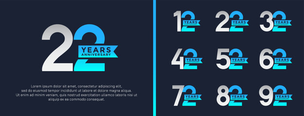 set of anniversary logo flat silver and blue color on dark blue background for celebration moment