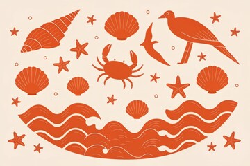 Obraz premium Artistic illustration featuring marine life, including a crab, bird, shells, and waves, all in a warm color palette.