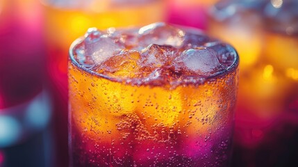 Refreshing drink with ice.  Close-up view of a fizzy soda glass filled with ice