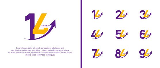 set of anniversary logo flat purple and yellow color on white background for celebration moment