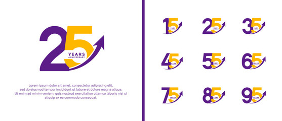 set of anniversary logo flat purple and yellow color on white background for celebration moment