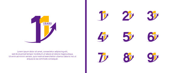 set of anniversary logo flat purple and yellow color on white background for celebration moment