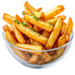 Golden french fries seasoned with herbs, served in a clear glass bowl on a transparent background. Crispy, golden brown potatoes, seasoned with herbs