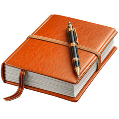 Brown leather journal with a gold and black pen rests on a transparent background. The journal is tied with a rope. The image has a high quality