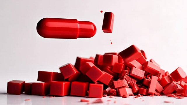 Red capsule exploding into small blocks