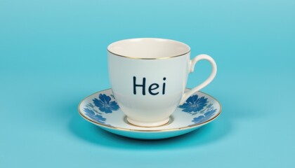 Elegant tea cup with hei inscription studio setting beverage photography minimalist background close-up perspective