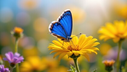 Fototapeta premium Butterfly landing on yellow flower in vibrant garden nature photography sunny day close-up view