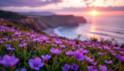 Fototapeta premium Vibrant wildflowers blooming at sunset over coastal cliffs scenic landscape photography tranquil seaside environment