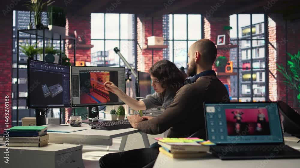 Fototapete Man and woman work with AI generated app to develop a futuristic spaceship station. Neural network powered software uses automation and machine learning to generate game environments. Camera A.