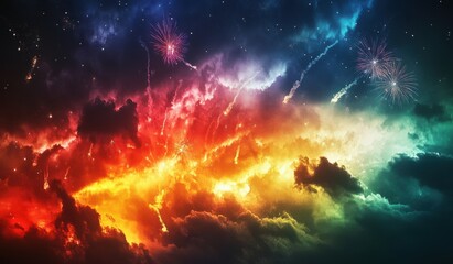 Naklejka premium Colorful fireworks exploding in a vibrant, stormy night sky. Clouds swirl with fiery hues of orange, red, yellow, and blue, punctuated by bursts of dazzling fireworks. 