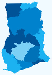 Fototapeta premium Map of Ghana with regions. Just a simple country border map with region division. Light blue color palette. Plain Republic of Ghana shape with administrative division. Vector illustration.