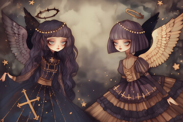 Two Victorian Style Gothic Lolita Harajuku Fashion Girls, with Thorn Halos, and Angel Wings, before a cloudy starry background